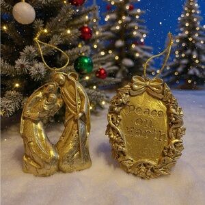 Gold Nativity and Peace on Earth Ornaments set (2)